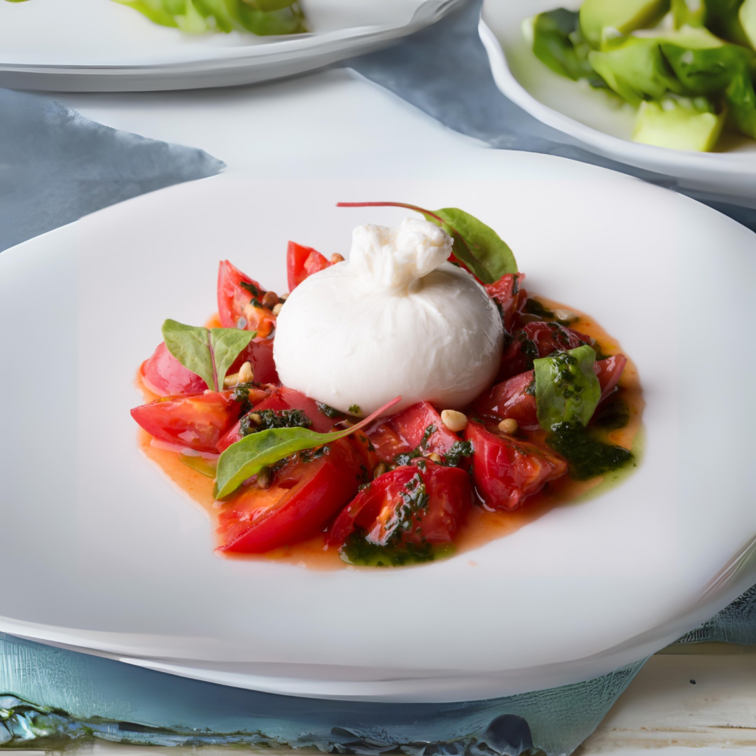 Roasted heirloom tomatoes with burrata.